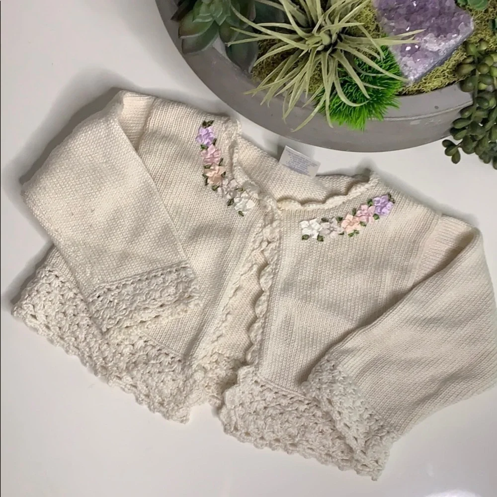 Antonella kids Ivory Knit Flower Tea Time cardigan sweater 9-12 months girls